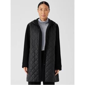 Eileen Fisher Wool Blend Quilted Hooded Coat in Black Size, Large